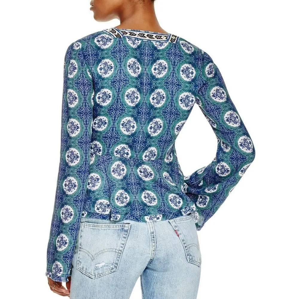New! FREE PEOPLE Women's V-neck Tie-front Bell Sleeve Top Boho Style Blue